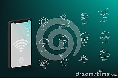 Smartphone model or smartphone screen template with weather forecast icons Vector Illustration