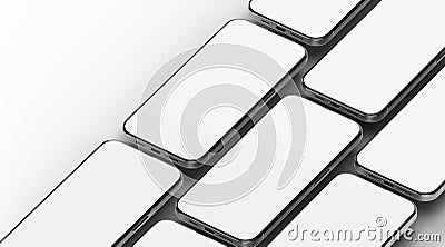 Smartphone with a modern bezel-less design with empty space for your content. Array of phones in a row in isometric view Stock Photo