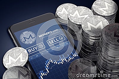 Vertical smartphone with Monero trading chart on-screen among piles of silver Monero coins. Editorial Stock Photo