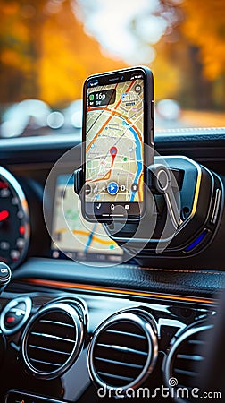 Smartphone mounted on a car dashboard displaying a navigation map application, indicating a destination point for a driver in a Stock Photo