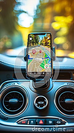 Smartphone mounted on a car dashboard displaying a navigation map application, indicating a destination point for a driver in a Stock Photo