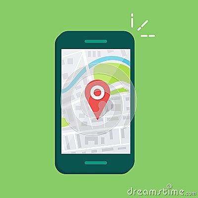 Smartphone with navigation app and red pin. Abstract generic city map with roads, parks, buildings, river. Vector Vector Illustration