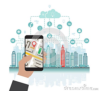 Smartphone with navigation in the hand, location in the city, searching using geolocation Vector Illustration