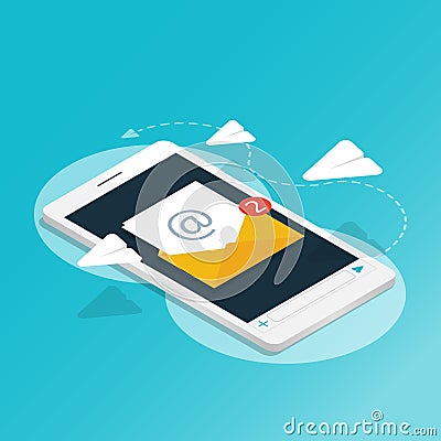 Isometric smartphone send message rocket paper,You`ve got mail,application notifications Vector Illustration