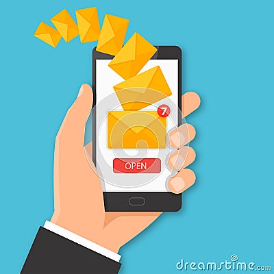 Smartphone with new message concept. Hand holding smartphone wit Vector Illustration