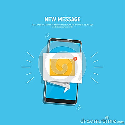 Smartphone with notification icon on screen. Icon new message on mobile phone. Mobile notification, email application Cartoon Illustration