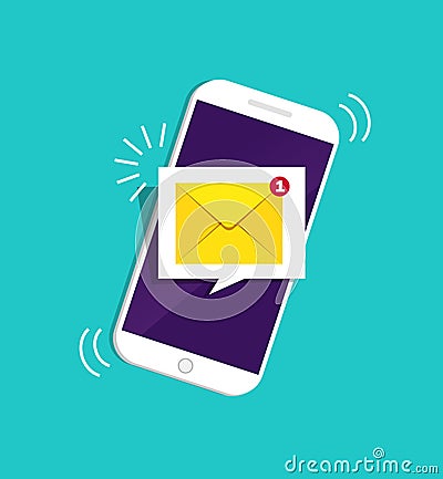 Smartphone with notification sms on screen.Alert of new message mail on mobile phone. Unread sms message on screen of cellphone. Vector Illustration