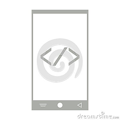 Smartphone with a pair of brackets. Programming code Vector Illustration
