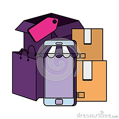 Smartphone with parasol and shopping bag Vector Illustration