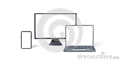 Smartphone, PC monitor, laptop template in 3D style isolated on white background. Set of Computer gadgets front view for banner Vector Illustration