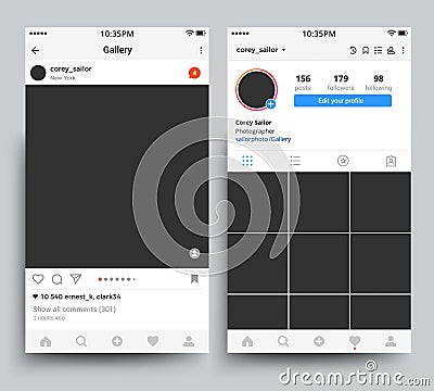 Smartphone photo frames display of mobile application inspired by instagram vector template Vector Illustration
