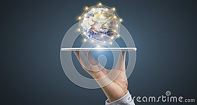 Smartphone placed on hand like tray using flying earth network connection.Elements of this image furnished by NASA Stock Photo