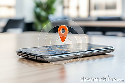 Smartphone placed on a sleek wooden desk, displaying a glowing map with a red marker, emphasizing navigation technology for mod Cartoon Illustration