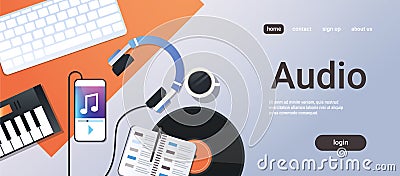 Smartphone playing music via headphones audio mobile app concept top angle view workplace desktop with keyboard Vector Illustration