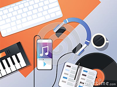 Smartphone playing music via headphones audio mobile app concept top angle view workplace desktop with keyboard Vector Illustration