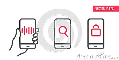 Smartphone with private lock icon on screen, Voice technology icon, find icon vector, analysis icon. Vector design interface. Vector Illustration