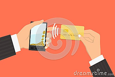 Smartphone with processing of mobile payments from credit card. Vector Illustration