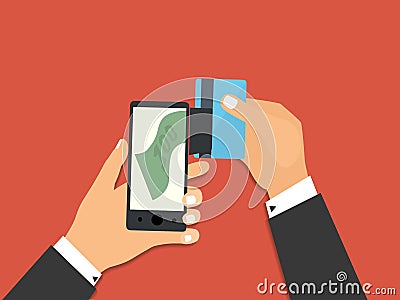 Smartphone with processing of mobile payments from credit card. Vector Illustration
