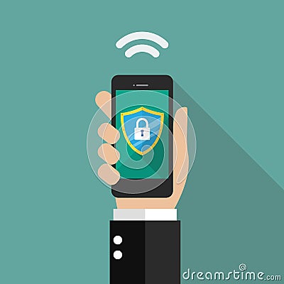 Smartphone protected by firewall guard Vector Illustration