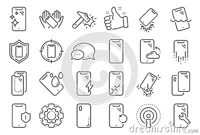 Smartphone protection line icons. Tempered glass, screen protector and water resistant. Vector Vector Illustration