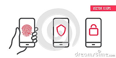 Smartphone with Protection and security line icons on screen. Authorized signature, Finger Scan, Shield security,private lock icon Vector Illustration