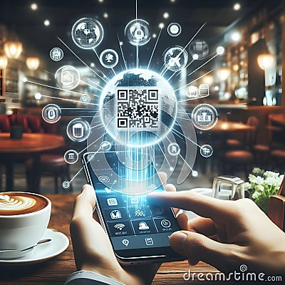 Smartphone QR code transactions payments connections cafe Stock Photo