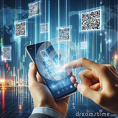 Smartphone QR codes transactions finance charts graphs connections trading Stock Photo