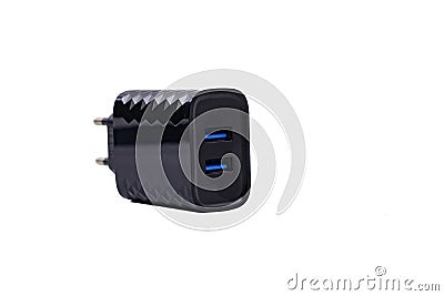 Smartphone quick USB dual port black wall charger isolated on white background. Stock Photo