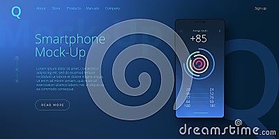 Smartphone realistic mockup in blue color palette. Black cellphone front screen mock up on gradient background. Web banner layout Vector Illustration