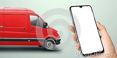 Smartphone and red minibus on a light background. Delivery concept, online ordering, phone application, moving. Delivery by car to Stock Photo