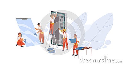 Smartphone repair flat vector illustration. Repairman service workers, appliance repairers cartoon characters Vector Illustration