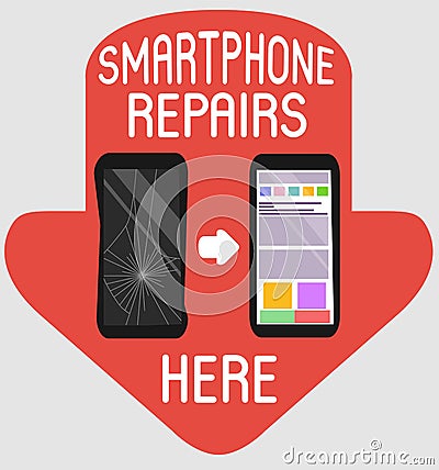 Smartphone repairs flat design sign. Vector illustration of broken and repaired phone with indicative pointers for advertising ban Vector Illustration