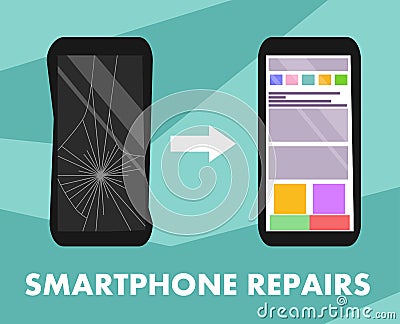 Smartphone repairs flat design sign. Vector illustration of broken and repaired phone with indicative pointers for advertising ban Vector Illustration