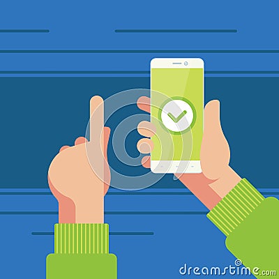 Smartphone in right hand and left hand pointing to confirmation button on the screen. Vector Illustration