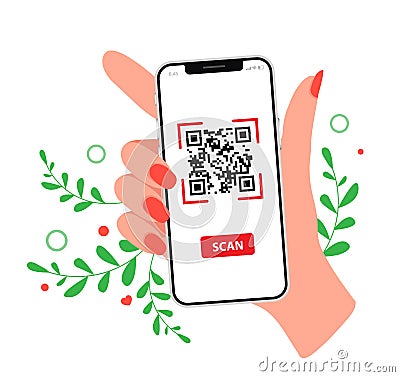 Smartphone scanning qr code. Hand using mobile smart phone scan qr code mockup template for your design. Vector Illustration
