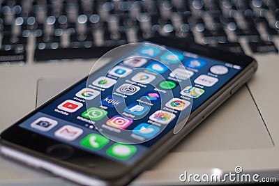 Smart phone screen displaying popular social network apps Editorial Stock Photo