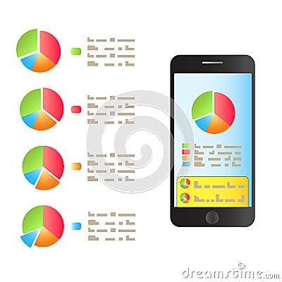 On the smartphone screen is a graph of performance. Vector Stock Photo