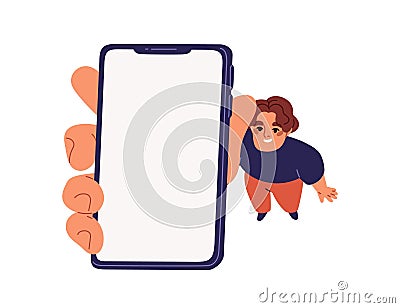 Smartphone screen in hand, happy man showing, recommending mobile phone. Smiling user character advertising blank Vector Illustration