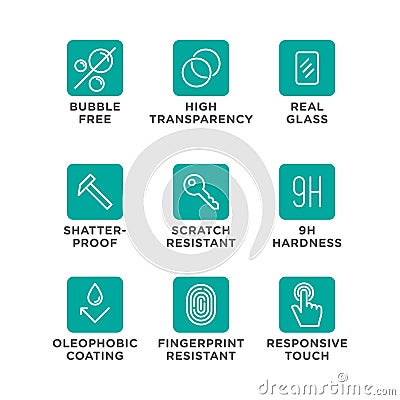 Smartphone screen protection icon set, tempered glass, screen Vector Illustration