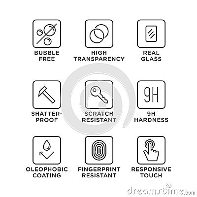 Smartphone screen protection icon set, tempered glass, screen Vector Illustration