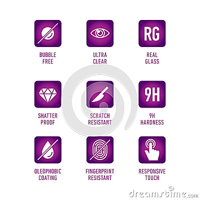 Smartphone screen protection icon set, tempered glass, screen Vector Illustration