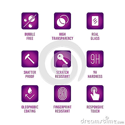 Smartphone screen protection icon set, tempered glass, screen Vector Illustration