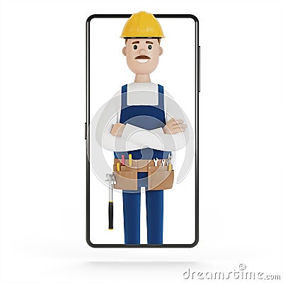 Smartphone screen with wizard. Husband for an hour. Electrician, plumber, carpenter, calling the foreman to work. Cartoon Illustration