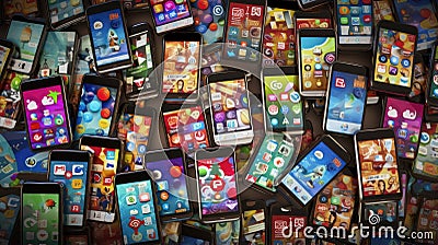 Smartphone screens displaying various social media apps, highlighting the ubiquity of social networking in modern life Stock Photo