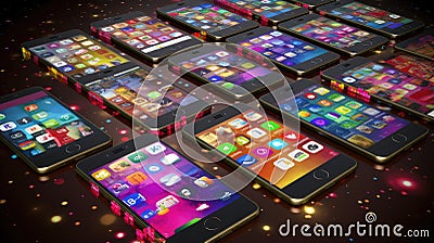 Smartphone screens displaying various social media apps, highlighting the ubiquity of social networking in modern life Stock Photo