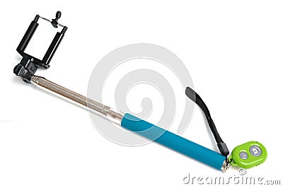 A smartphone selfie stick with blue handle Stock Photo