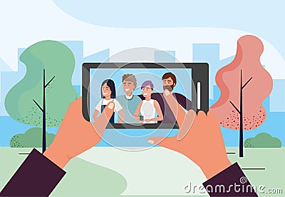 Smartphone selfie technology with funny people friends Vector Illustration