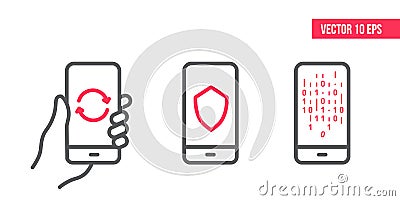 Smartphone with shield security icon, update icon, binary computer code and algorithm on screen. mobile in hand Vector Illustration