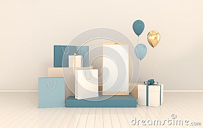 Smartphone, shopping bag, balloons mockup background in minimal style. Frameless mobile phone 3d render. Technology gadget Stock Photo