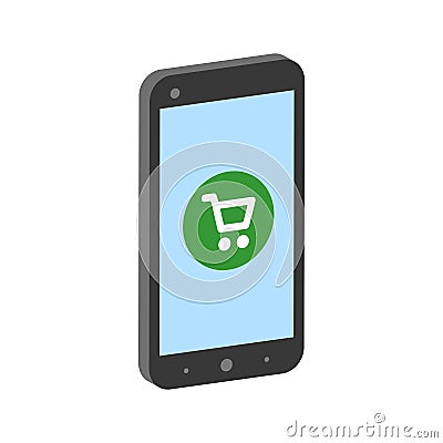 Smartphone with shopping cart, mobile shopping concept symbol. Vector Illustration